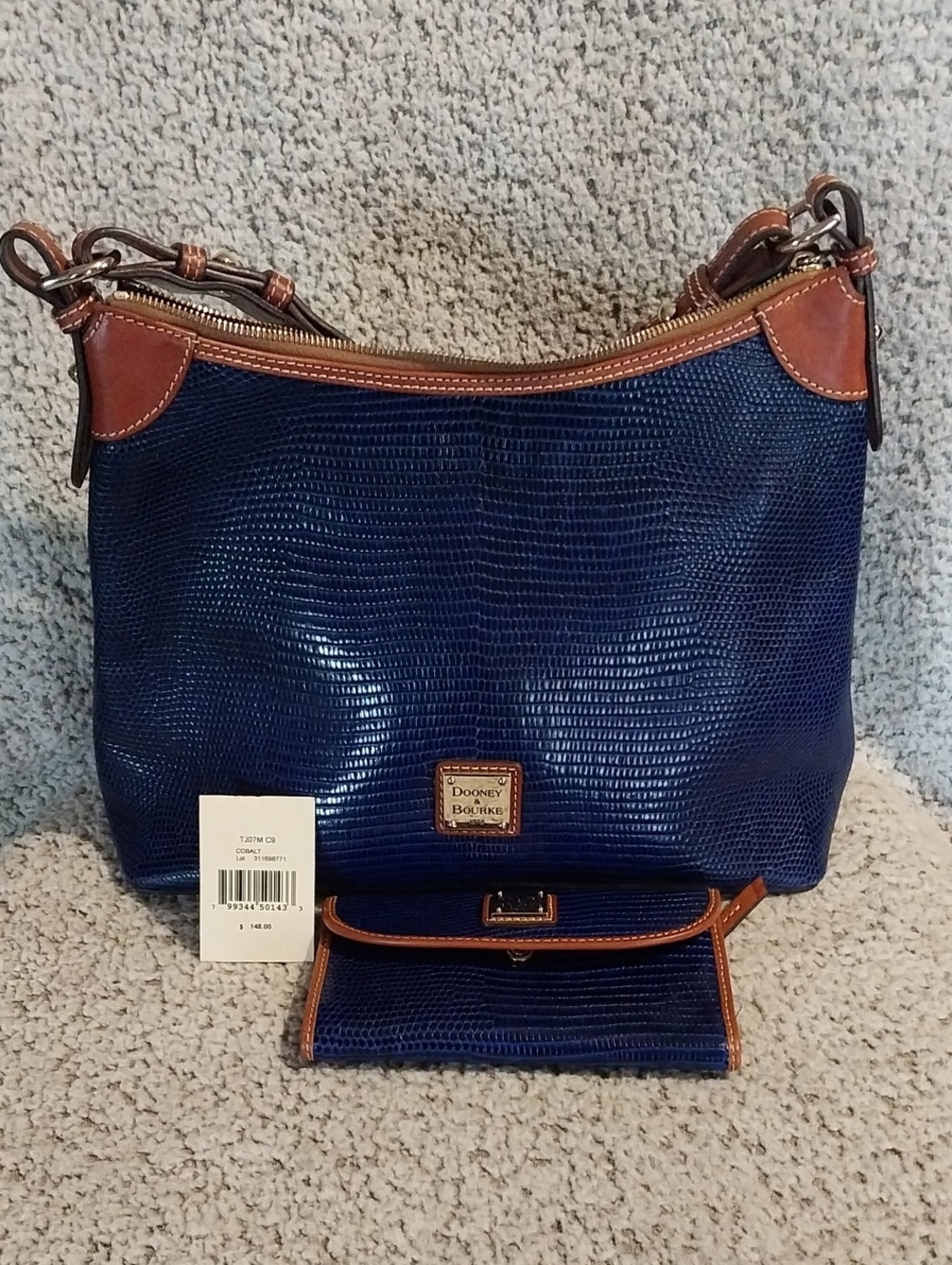Dooney & Bourke Navy Lizard-Embossed Leather Shoulder Bag with Brown Trim